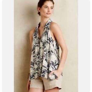 Anthro Maeve Woman’s Face & Flower Print Sleeveless Tank Cream Indigo Blue SZ 10